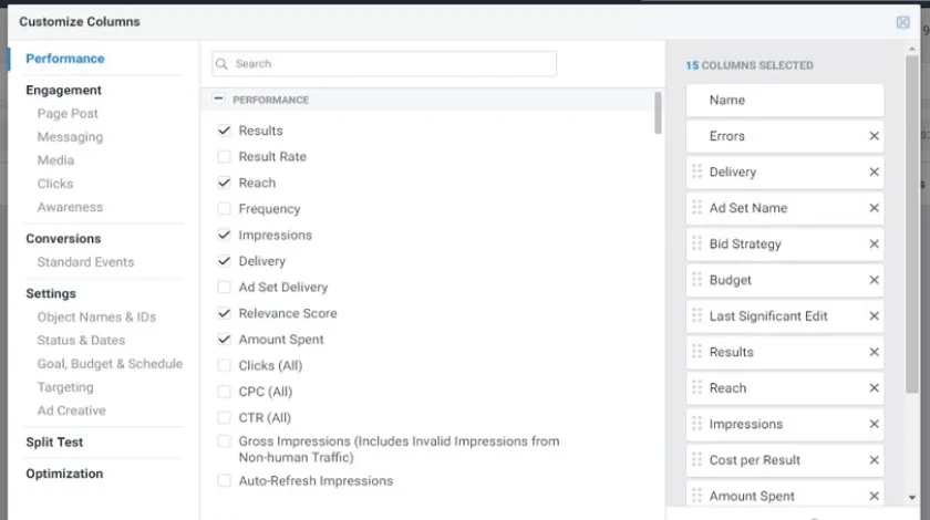 facebook ad metrics header